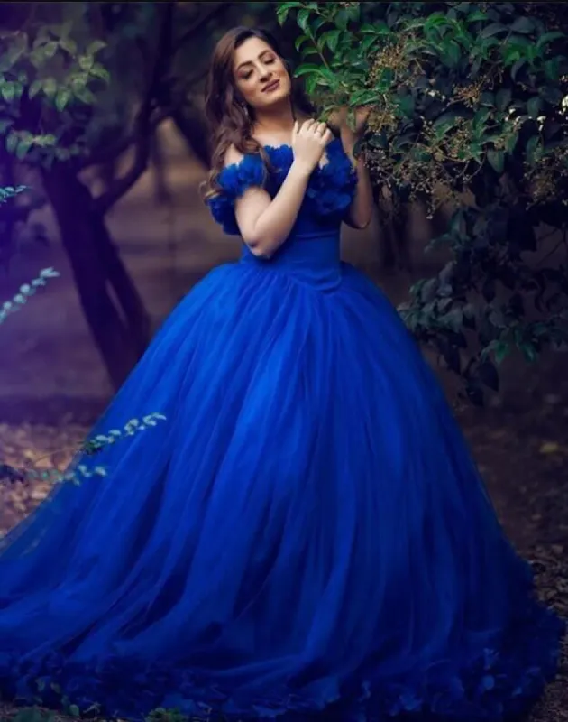 Princess Royal Blue Ball Gown Tulle Wedding Dresses Off the Shoulder Quince Dress sold by My Chic Dress