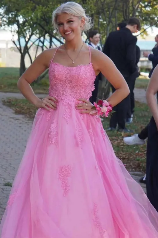 2025 Lace Pink Evening Dresses Tulle Backless Long Formal Dresses with High Slit sold by My Chic Dress