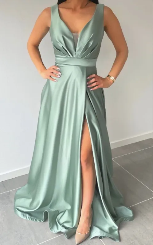 Simple Long Satin Sage Green Wedding Guest dresses Sleeeless with Spllit sold by My Chic Dress