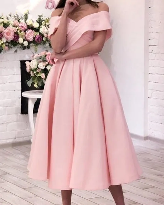 Beach Pink Wedding Guest Dresses Tea Length Satin Party Dresses Off Shoulder sold by My Chic Dress