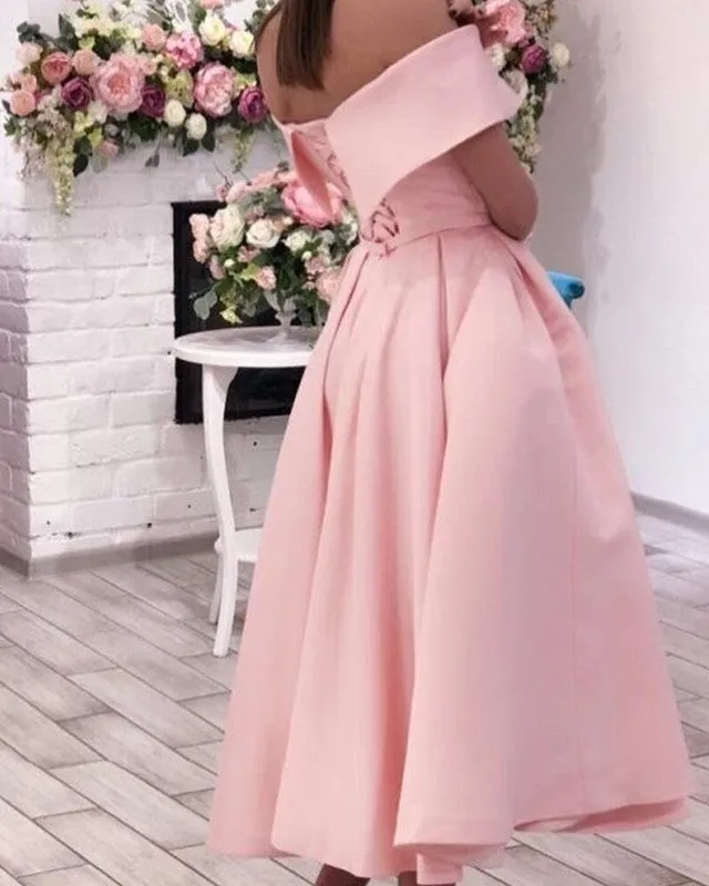 Beach Pink Wedding Guest Dresses Tea Length Satin Party Dresses Off Shoulder sold by My Chic Dress product image thumbnail 2