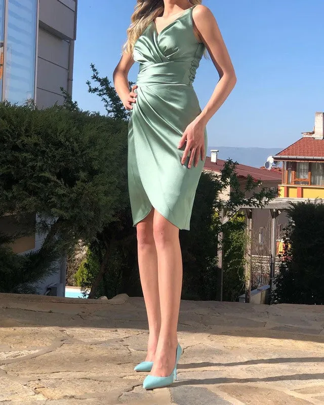Tight Sage Green Wedding Guest Dress Sheath V Neck Short Bridesmaid Dresses sold by My Chic Dress product image thumbnail 2