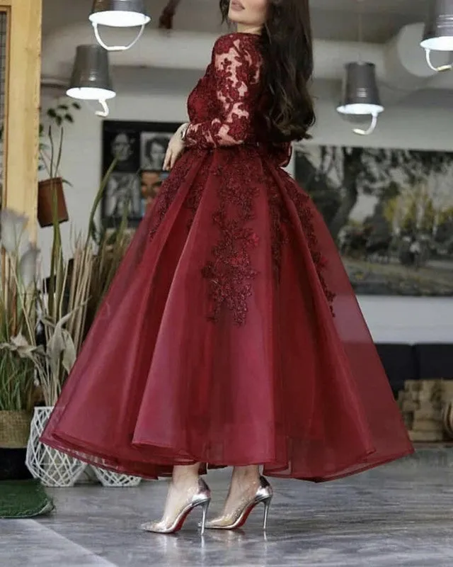 Long Sleeves Burgundy Wedding Guest Dress Short Ankle Length Prom Dress Lace sold by My Chic Dress product image thumbnail 2