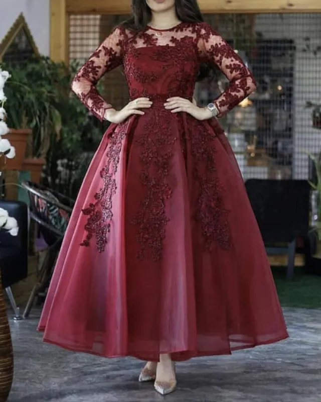 Long Sleeves Burgundy Wedding Guest Dress 2025 Short Ankle Length Prom Dress Lace sold by My Chic Dress