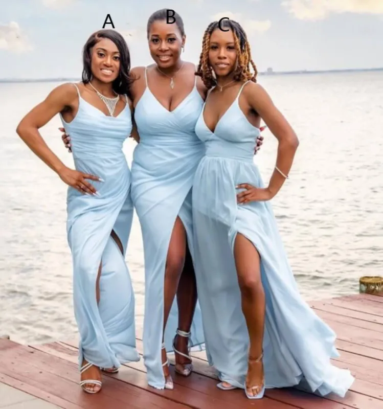 Sexy A line V neck Light Blue Bridesmaid Dresses Chiffon Beach Spaghetti Straps sold by My Chic Dress