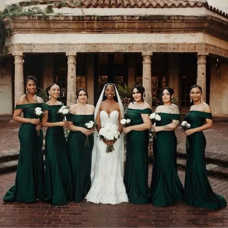 Cheap Dark Green Bridesmaid Dresses Off Shoulder Long Wedding Party Dress sold by My Chic Dress