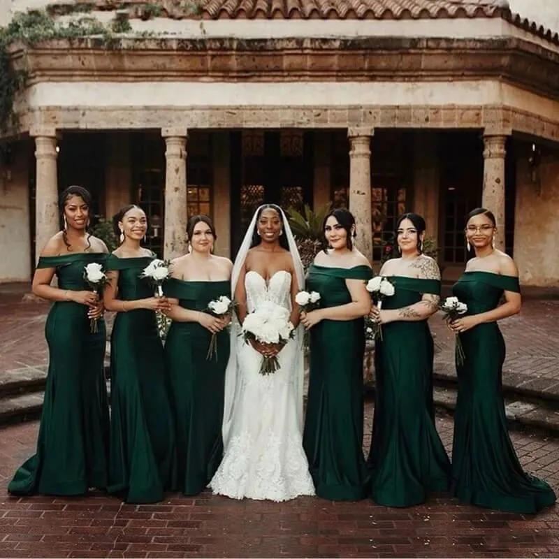 Cheap Dark Green Bridesmaid Dresses Off Shoulder Long Wedding Party Dress sold by My Chic Dress