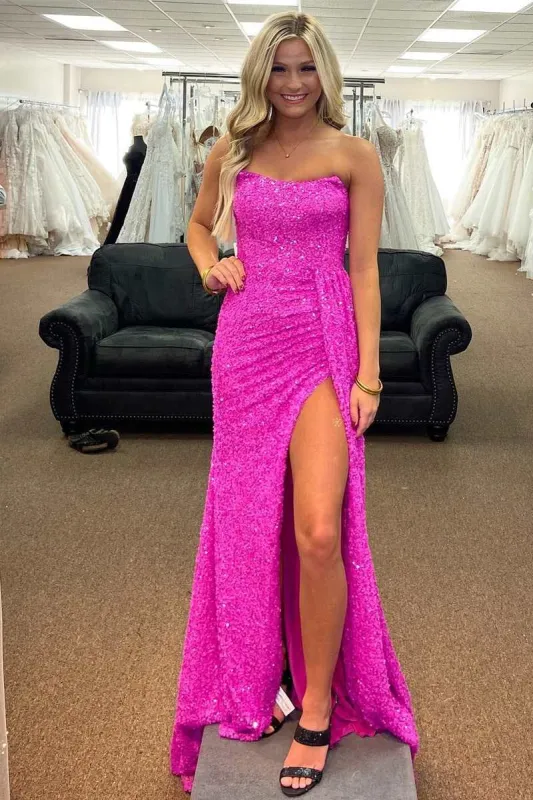 Fuchsia Sequins Long Prom Dresses Magenta 2025 Strapless Lace-Up Back with Slit sold by My Chic Dress