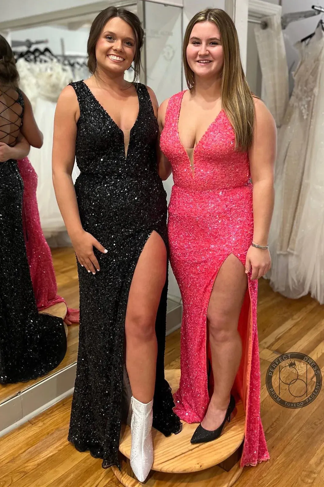 Sexy Sequins Long Fitted Prom Dress Mermaid V-Neck Lace-Up Back with Slit sold by My Chic Dress