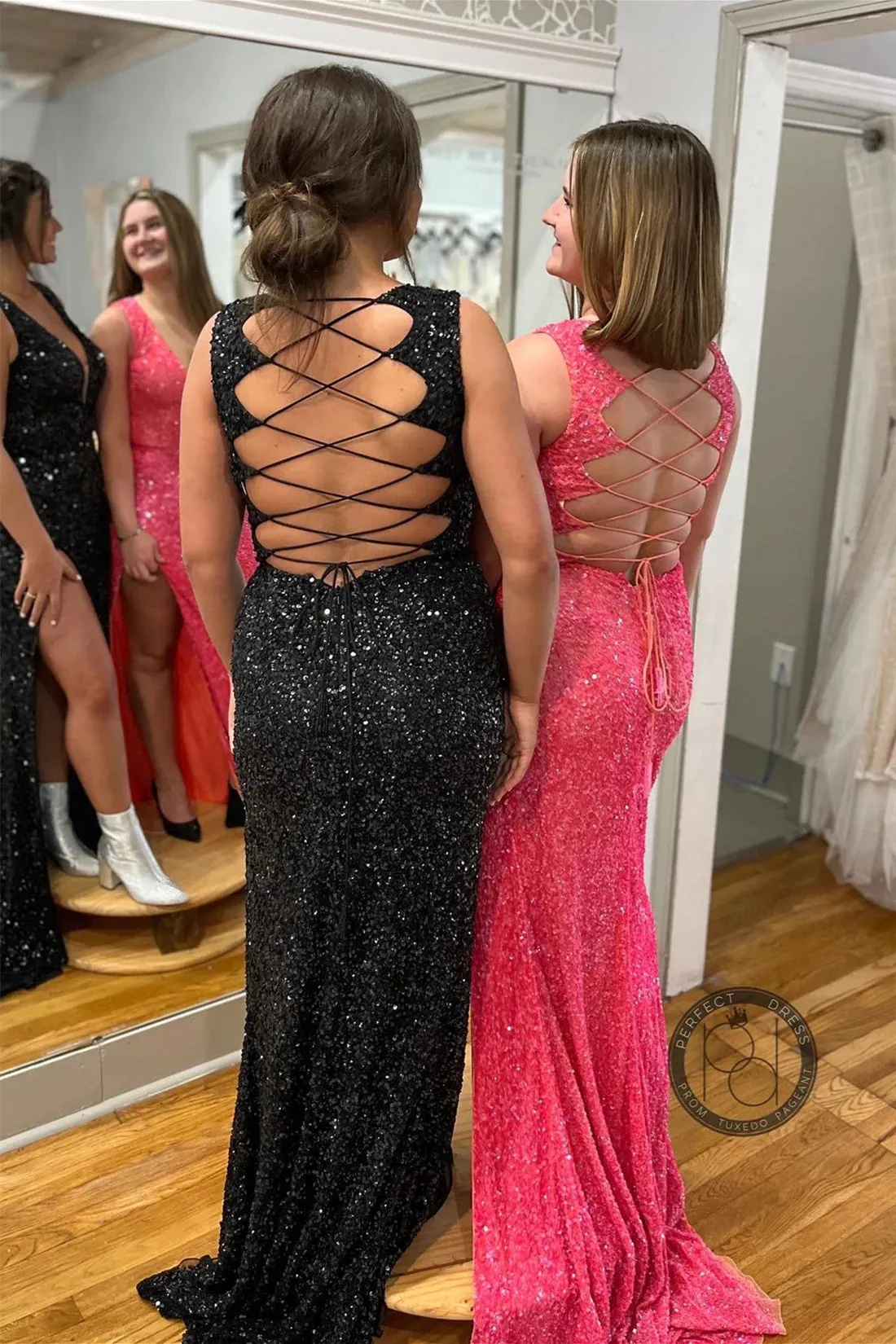 Sexy Sequins Long Fitted Prom Dress Mermaid V-Neck Lace-Up Back with Slit sold by My Chic Dress product image thumbnail 2