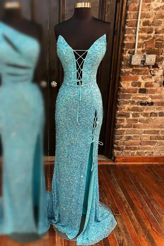 Blue V Neck Sequins Prom Dresses Mermaid Long Evening Dress Lace-Up Front Slit sold by My Chic Dress