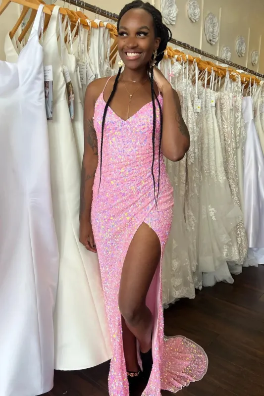 Pink Long V Neck Prom Dress Mermaid Straps Sequins Evening Dress UK with Slit sold by My Chic Dress
