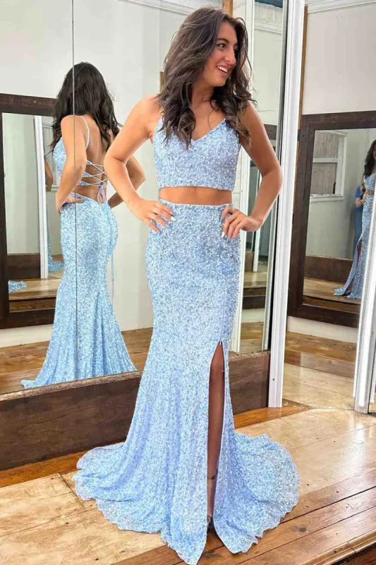 Sequins 2 Piece Prom Dress Light Blue 2025 Long V Neck Mermaid Lace-Up Slit sold by My Chic Dress