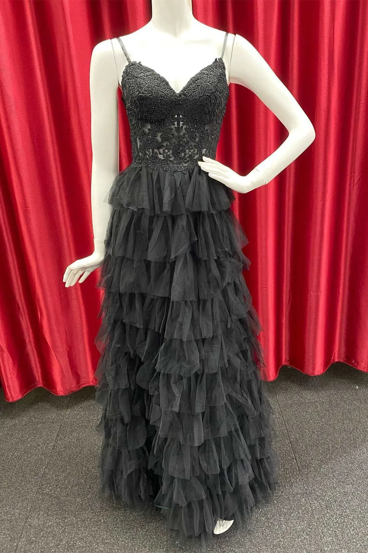 Long Black Tiered Prom Dresses V Neck Straps Beaded Appliques Lace Evening Dress sold by My Chic Dress product image thumbnail 2