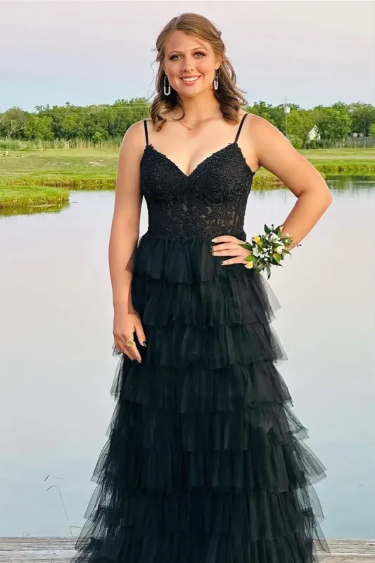 Long Black Tiered Prom Dresses V Neck Straps Beaded Appliques Lace Evening Dress sold by My Chic Dress