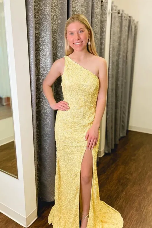 Yellow Long One Shoulder Prom Dresses sequin Mermaid Evening Dresses sold by My Chic Dress