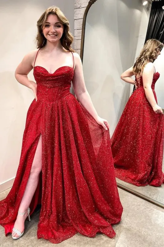 Simple Sequin Long Burgundy Prom Dresses with High Slit sold by My Chic Dress