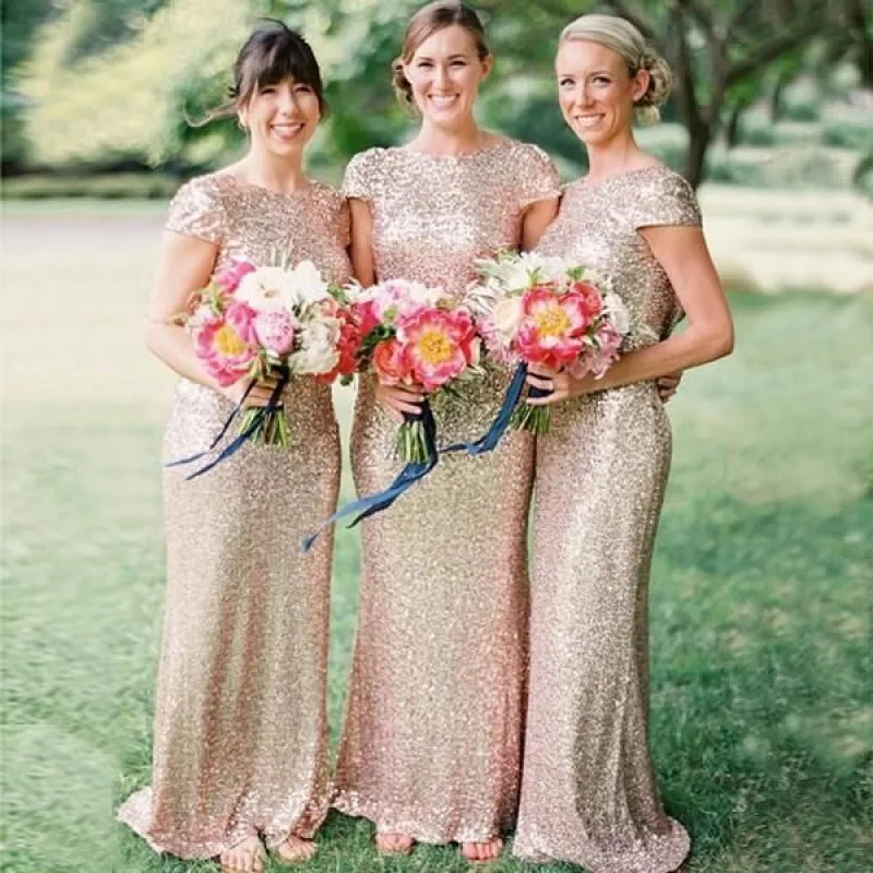 Metallic Rose Gold Bridesmaid Dress Sequin Wedding Guest Dresses with Sleeves sold by My Chic Dress