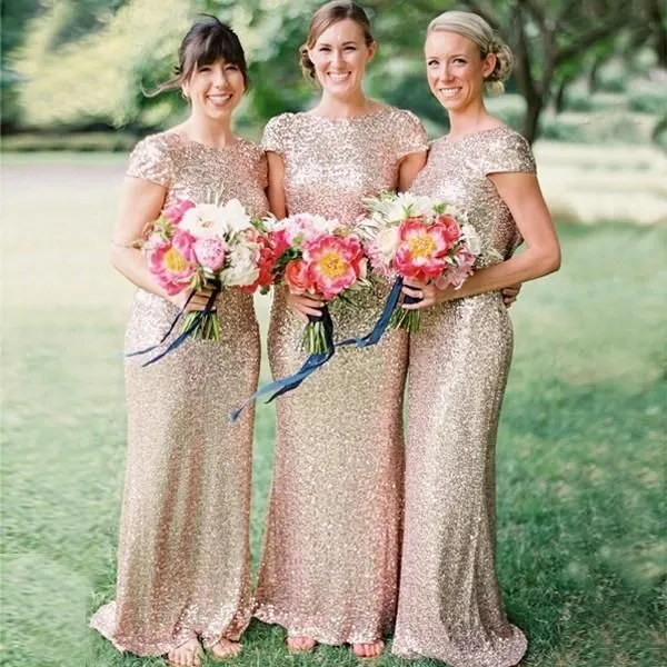 Metallic Rose Gold Bridesmaid Dress Sequin Wedding Guest Dresses with Sleeves sold by My Chic Dress