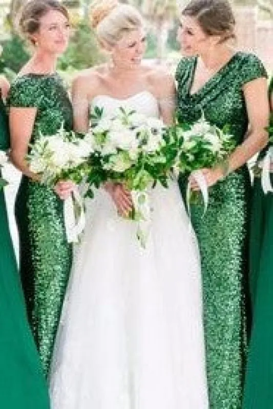 Cheap Green Sequin Bridesmaid Dresses Long Emerald Wedding Guests Dress Draped sold by My Chic Dress