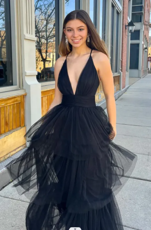 Simple Deep V Neck Tulle Black Tiered Prom Dresses Summer Maxi Dress for Women sold by My Chic Dress