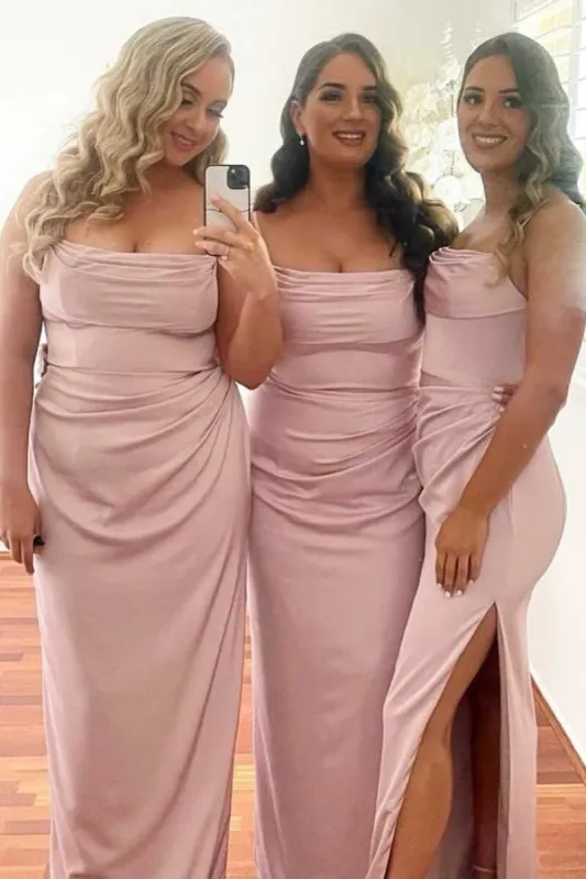 Cheap Long Boho Pink Bridesmaid Dress Satin Sleeveless Cowl Neck with Slit sold by My Chic Dress