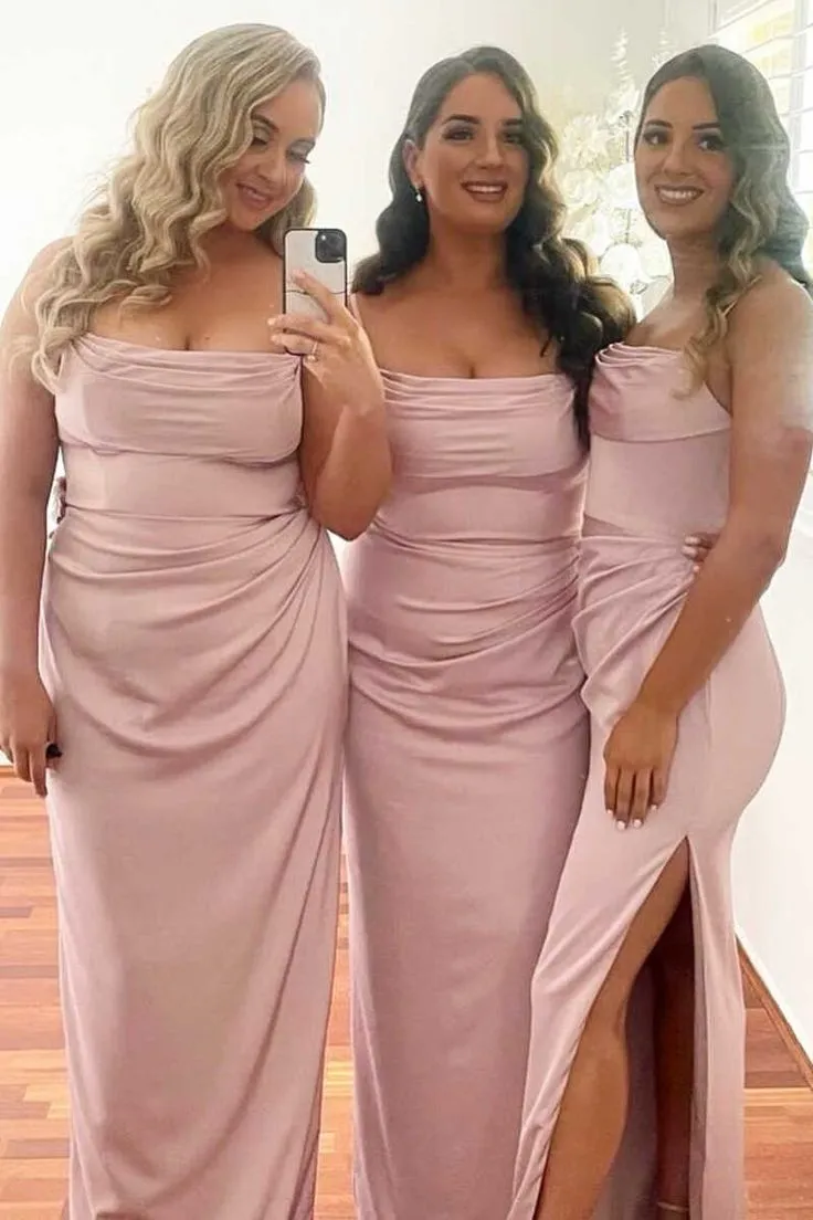 Cheap Long Boho Pink Bridesmaid Dress Satin Sleeveless Cowl Neck with Slit sold by My Chic Dress