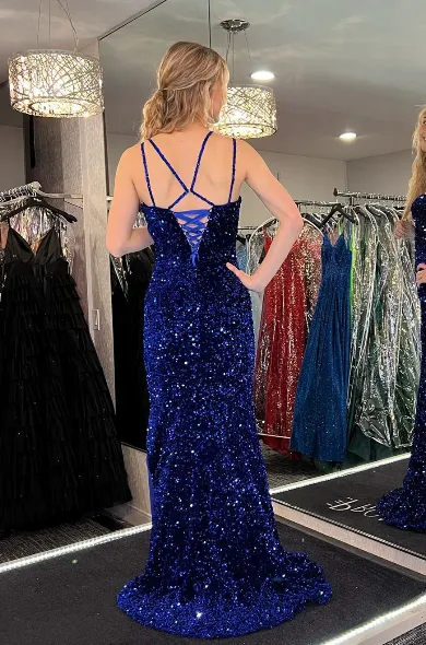 2025 Royal Blue Sequins Long Prom Dress Mermaid Straps Evening Dress UK with Slit sold by My Chic Dress product image thumbnail 2