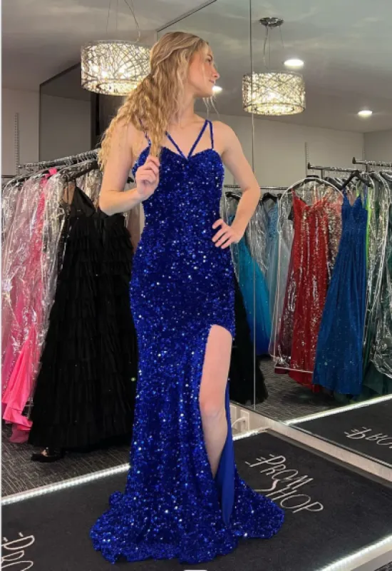 2025 Royal Blue Sequins Long Prom Dress Mermaid Straps Evening Dress UK with Slit sold by My Chic Dress