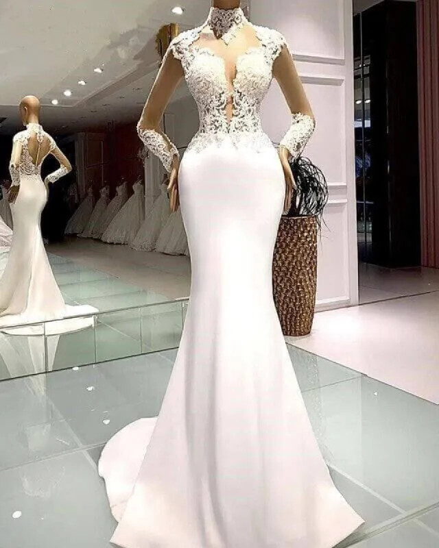 High Neck Mermaid Satin Long Sleeves Lace Wedding Dresses sold by My Chic Dress