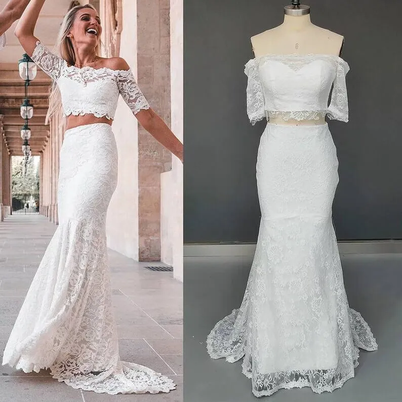 Off the Shoulder 2 Piece Beach Lace Wedding Dress Summer Bridal Dress Short Sleeves sold by My Chic Dress product image thumbnail 3