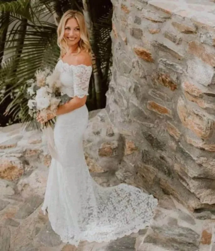 Off the Shoulder 2 Piece Beach Lace Wedding Dress Summer Bridal Dress Short Sleeves sold by My Chic Dress