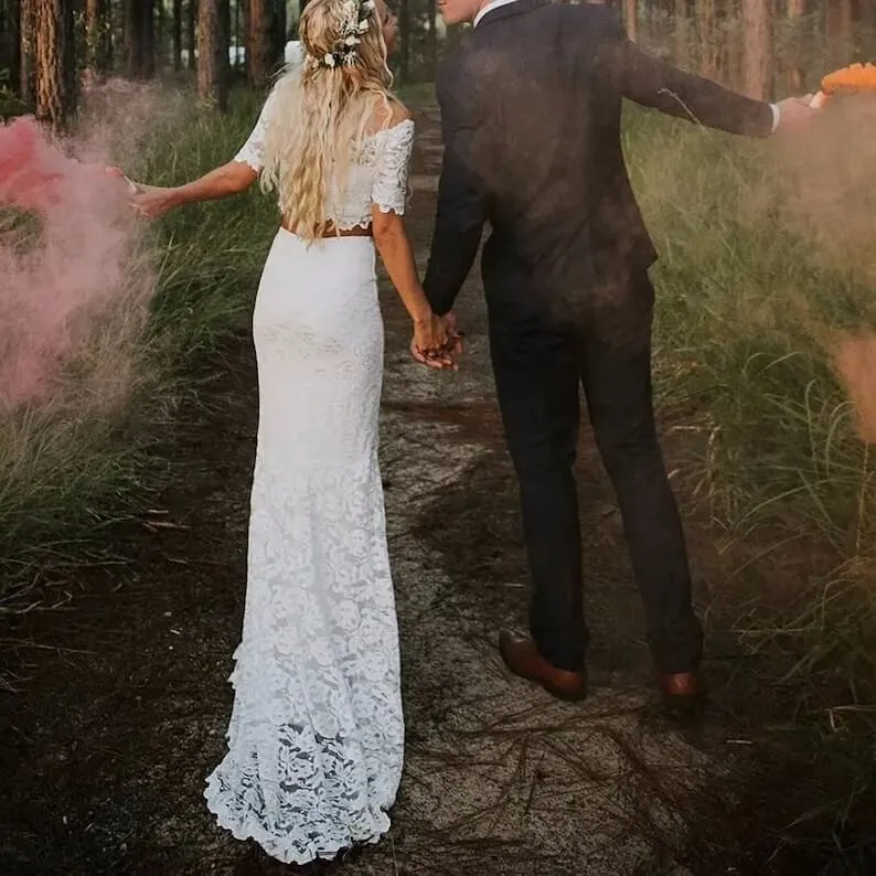 Off the Shoulder 2 Piece Beach Lace Wedding Dress Summer Bridal Dress Short Sleeves sold by My Chic Dress product image thumbnail 2