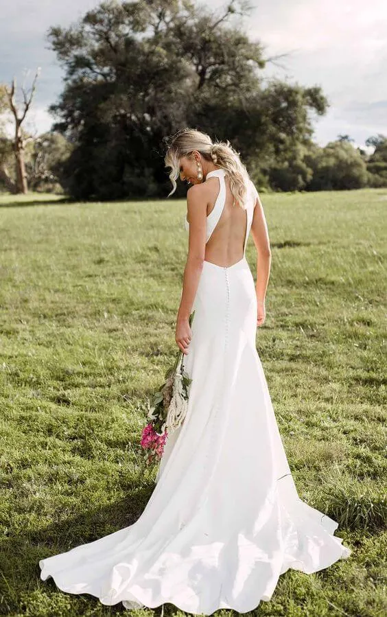 Long Mermaid Satin Minimalist High Neck Beach Wedding Dress sold by My Chic Dress product image thumbnail 2