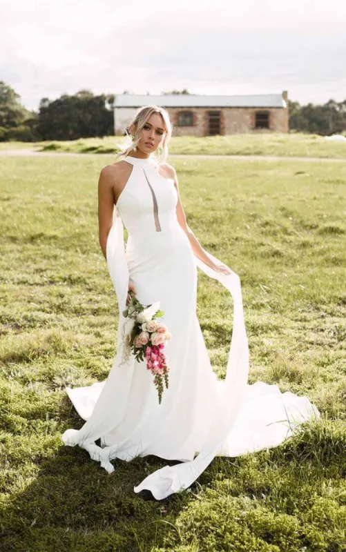 Long Mermaid Satin Minimalist High Neck Beach Wedding Dress sold by My Chic Dress