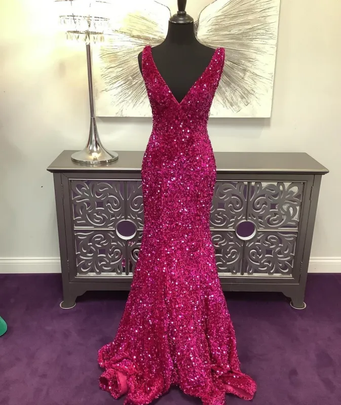 Long V Neck Fuchsia Prom Dress 2025 Magenta Sequin Mermaid Formal Dresses sold by My Chic Dress