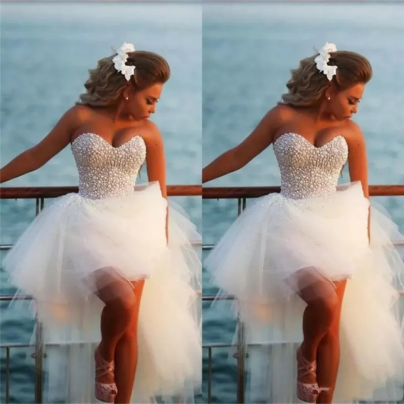 A Line Sweetheart Short Beach Pearl Hi-Lo Tulle White Wedding Dresses sold by My Chic Dress product image thumbnail 2