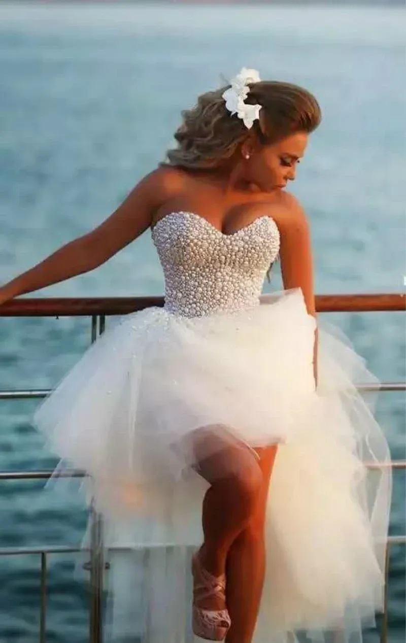 A Line Sweetheart Short Beach Pearl Hi-Lo Tulle White Wedding Dresses sold by My Chic Dress