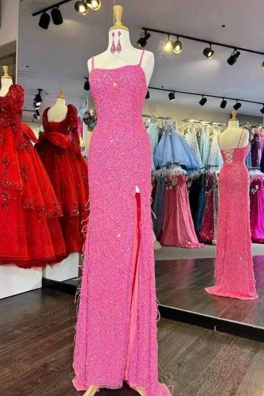 2025 Cheap Long Sequins Prom Dress Hot Pink Evening Dress with Feathers sold by My Chic Dress