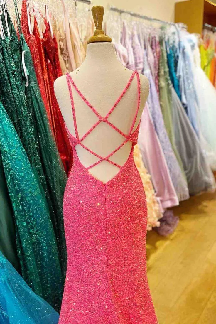 Hot Pink V Neck Sequins Long Prom Dresses Crossed Back Mermaid with Slit sold by My Chic Dress product image thumbnail 2