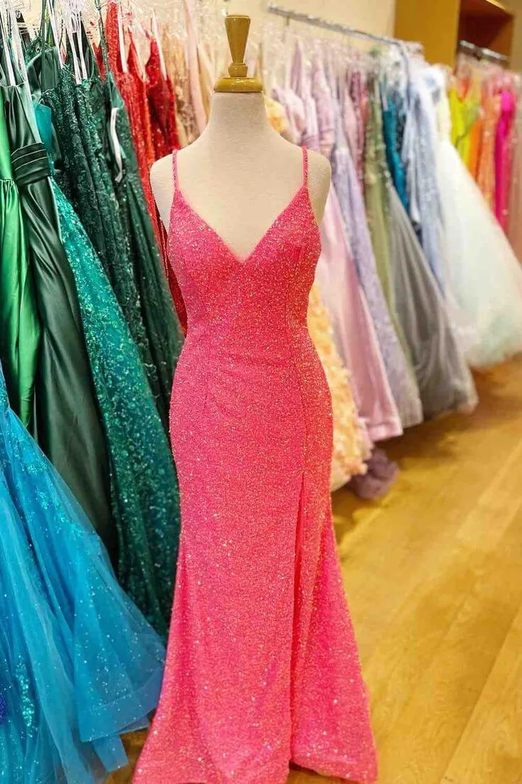 Hot Pink V Neck Sequins Long Prom Dresses Crossed Back Mermaid with Slit sold by My Chic Dress