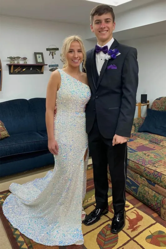 Iridescent Sequin One Shoulder Formal Dress Long Mermaid Evening Dress with Split sold by My Chic Dress