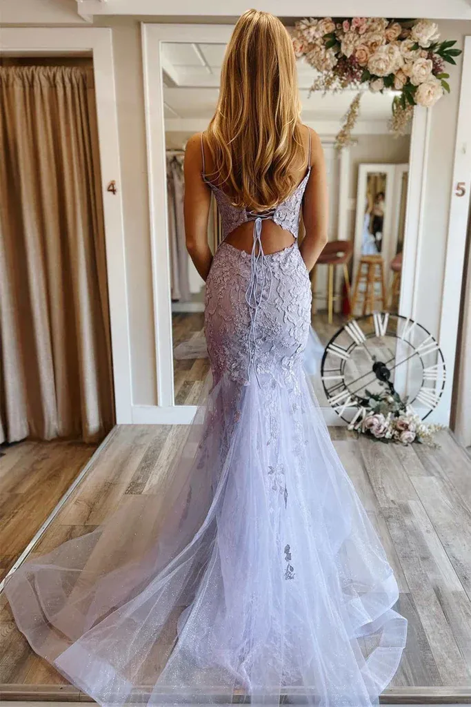 Lace Long Lavender Prom Dress Floral V Neck Mermaid Purple Evening Dress sold by My Chic Dress product image thumbnail 2