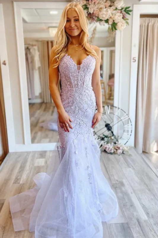 2025 Lace Long Lavender Prom Dress Floral V Neck Mermaid Purple Evening Dress sold by My Chic Dress