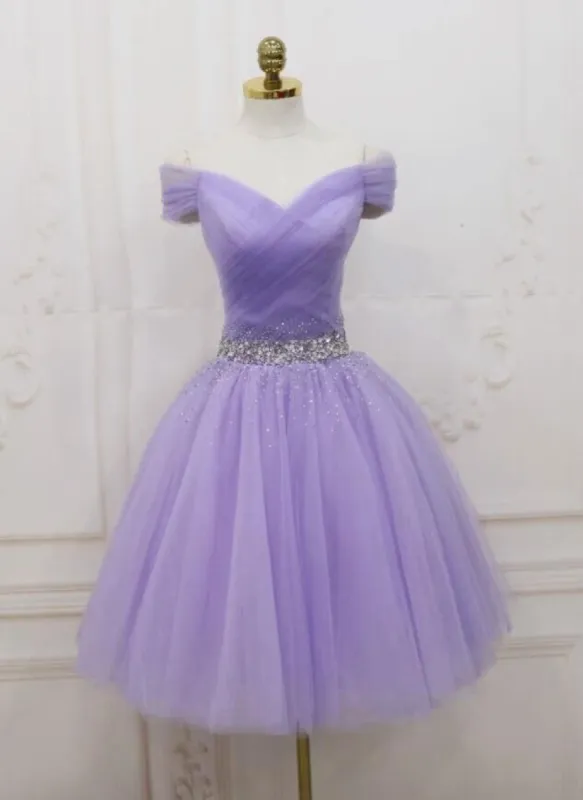 2025 Cheap Lilac Tulle Homecoming Dress Off Shoulder Beaded Short Graduation Dress sold by My Chic Dress