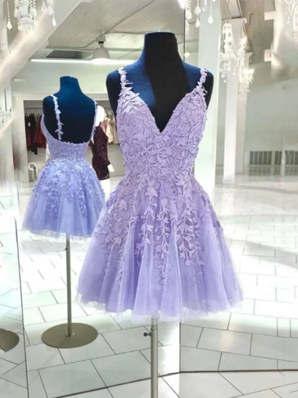A Line V Neck Purple Homecoming Dress Cheap Lace Short Graduation Dress sold by My Chic Dress