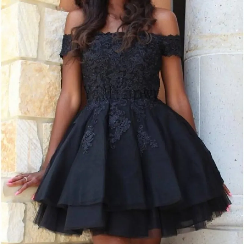 A Line Black Short Homecoming Dresses Lace Off the Shoulder Damas Dress sold by My Chic Dress
