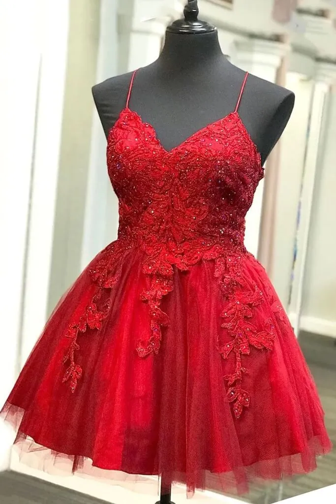 A Line Red Lace Homecoming Dresses Short V Neck Beaded Damas Dress sold by My Chic Dress