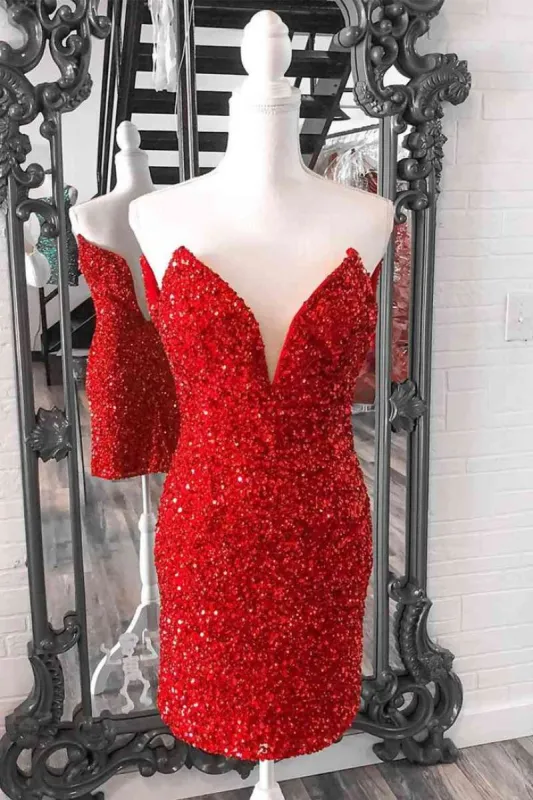 Tight Red Sequins Prom Dress Strapless V Neck Short Homecoming Dress sold by My Chic Dress