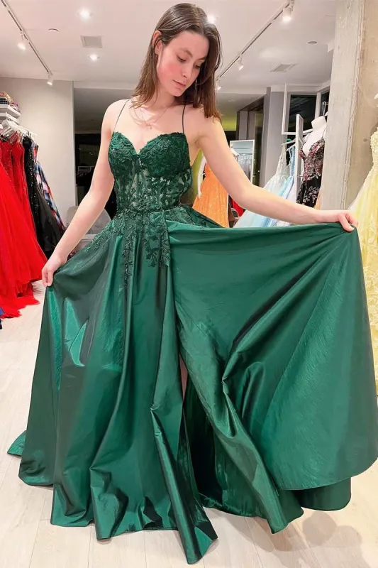 Emerald Green Prom Dresses A-Line Lace Satin Evening Dress UK Graduation Dress sold by My Chic Dress